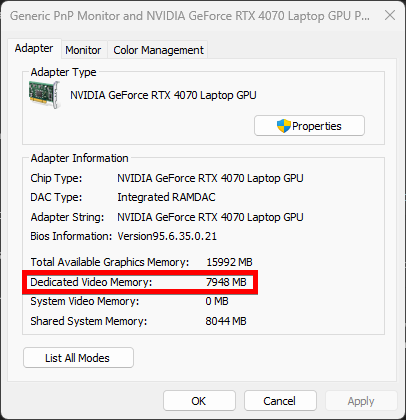 Screenshot of Dedicated Video Memory in Windows